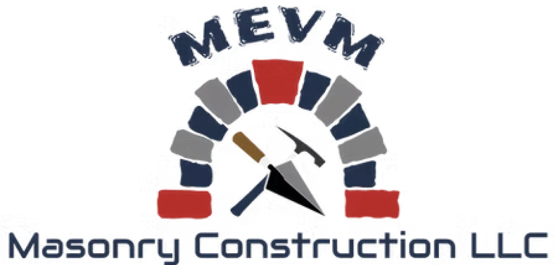 Logo for Mevm Masonry Construction LLC showing a trowel and brick arch with blue and red blocks.